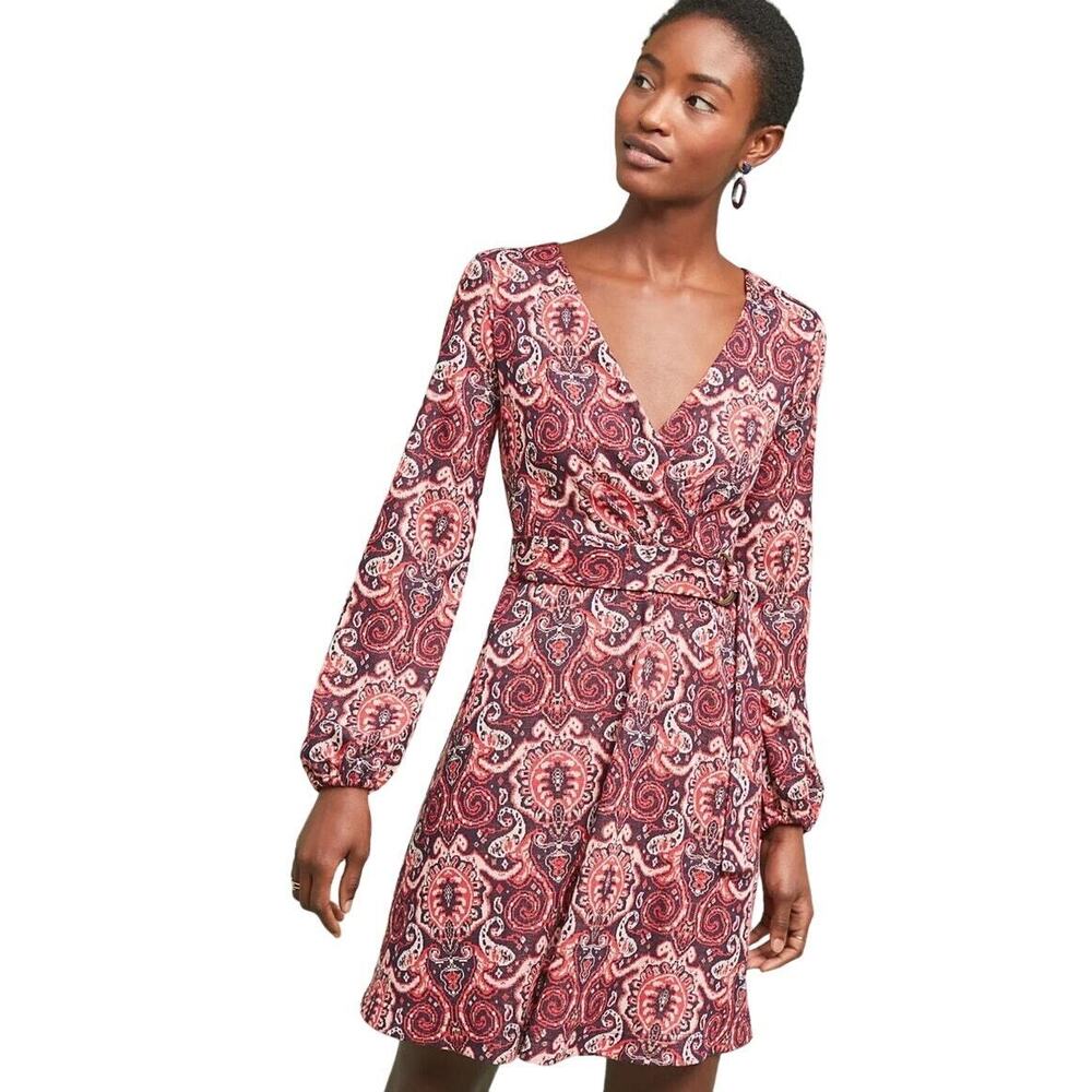 [Anthropologie] Maeve Red Paisley Print Long Sleeve V-Neck Dress Size Medium M